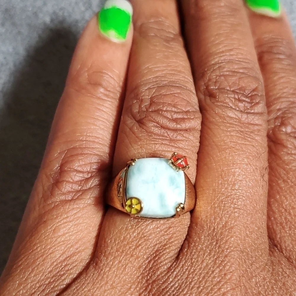 Giuseppe Perez Vermeil Yellow Gold Over Silver Larimar Enameled Ring Size 7 - Picture 3 of 9